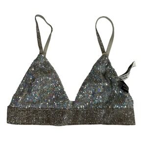 Forever 21 Silver Sequin Rhinestone Triangle Bralette Crop Top Small